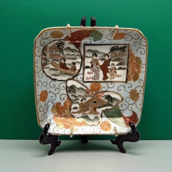 Hand Painted Macau Cloisonne Porcelain Satsuma Blank 3 Scenes Japanese Village - Picture 12 of 12